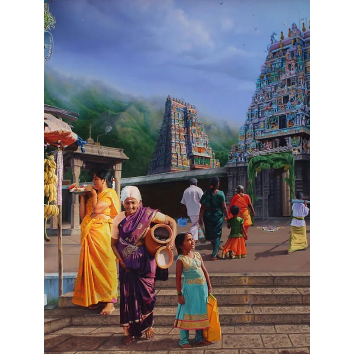 Kallalagar Temple Oil Painting by Gokulam Vijay – 60" x 96" Large Handmade Traditional Indian Canvas Art, Spiritual Wall Décor